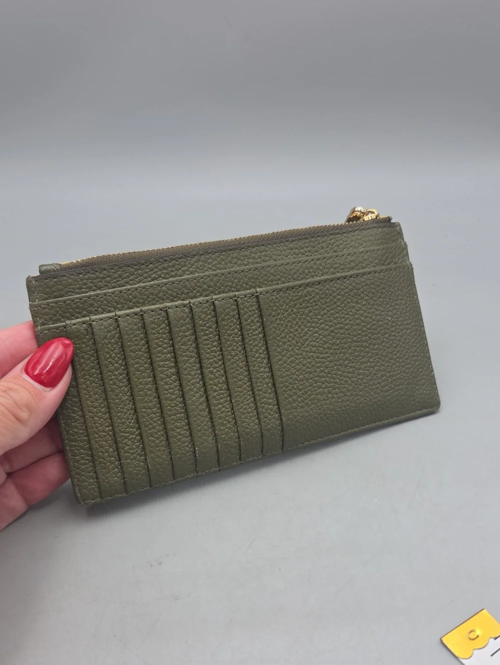 Michael Kors Olive Green Leather Card Slot Wallet Gold Tone Zip EUC